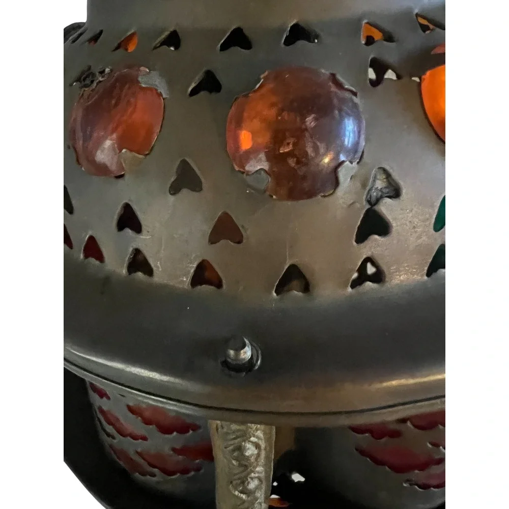 Vintage Moroccan Brass Jeweled Lantern Hanging Swag Lamp Colorful Glass Cabochon